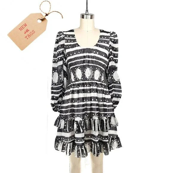 Cynthia Rowley Sicily Silk Wrap Dress Black White Smocked Waist Cap Sleeve Size - Picture 1 of 13